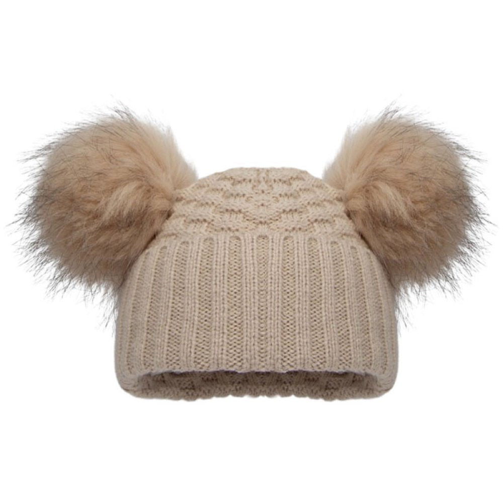 Beige Double Pom Pom Hat