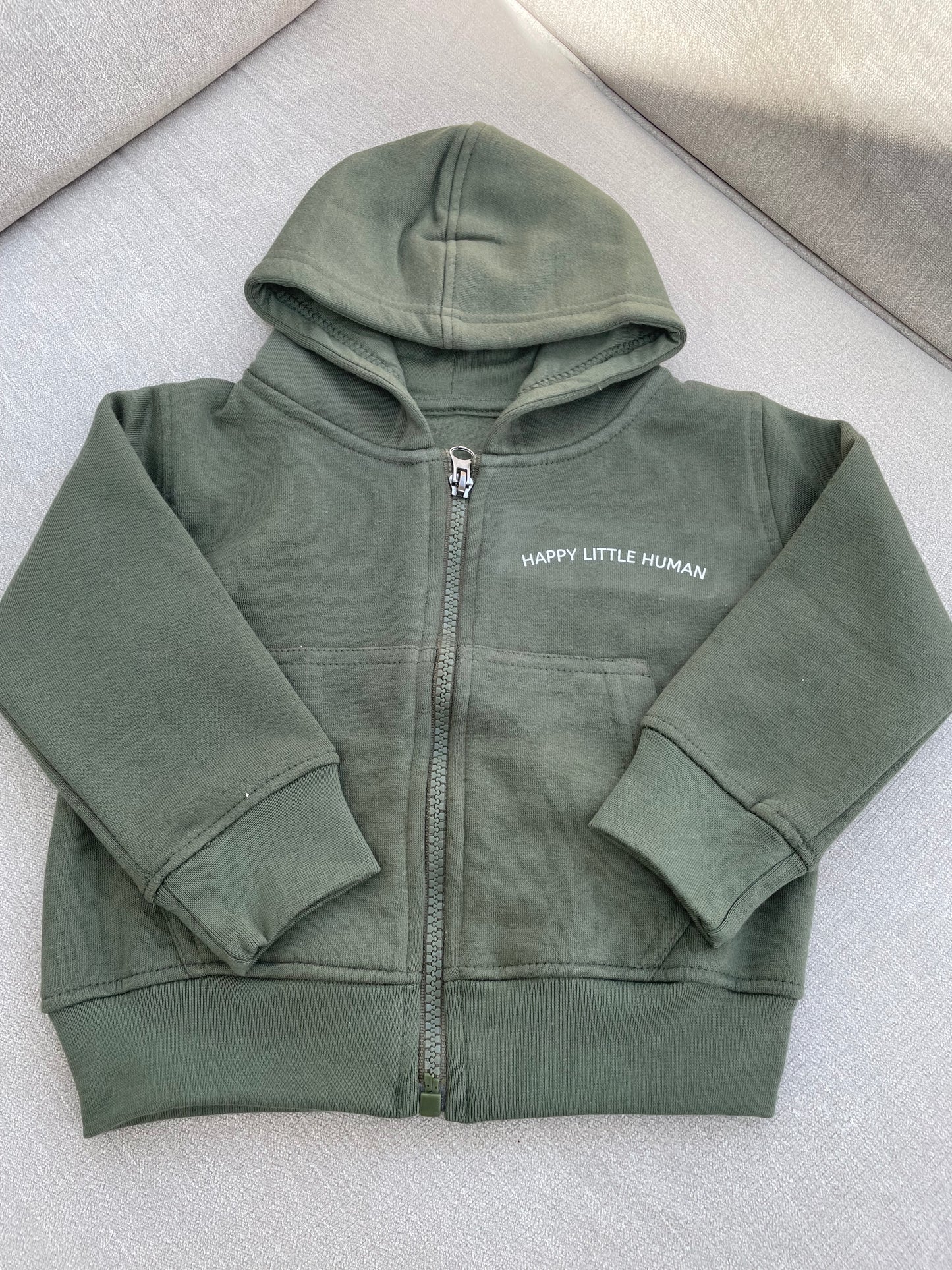 Khaki Happy Little Human Zipped Hoodie - Little Moo Baby