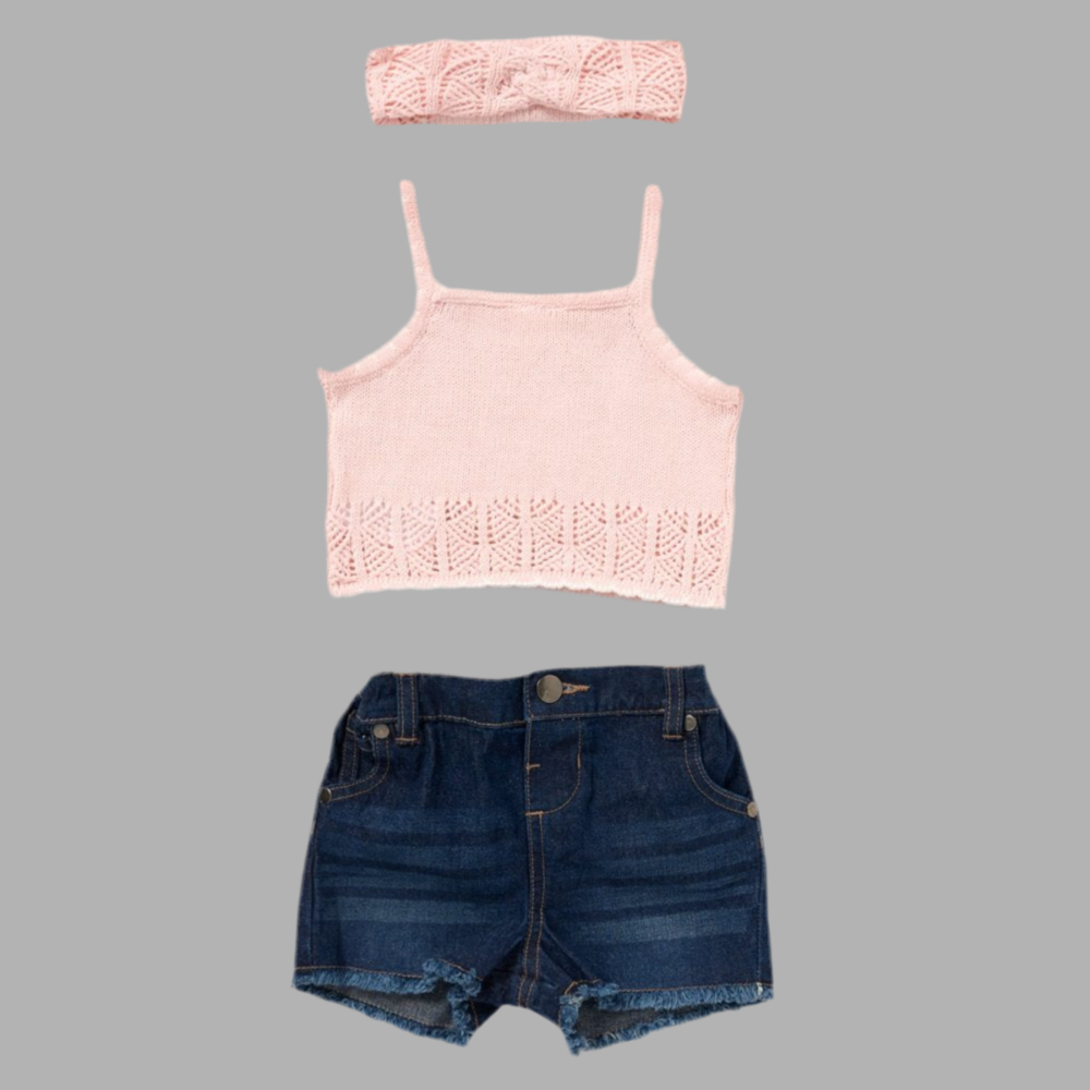 Pink Top Denim Shorts & Headband - Little Moo Baby