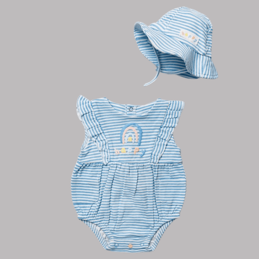Blue & White Stripe Romper & Hat Set - Little Moo Baby