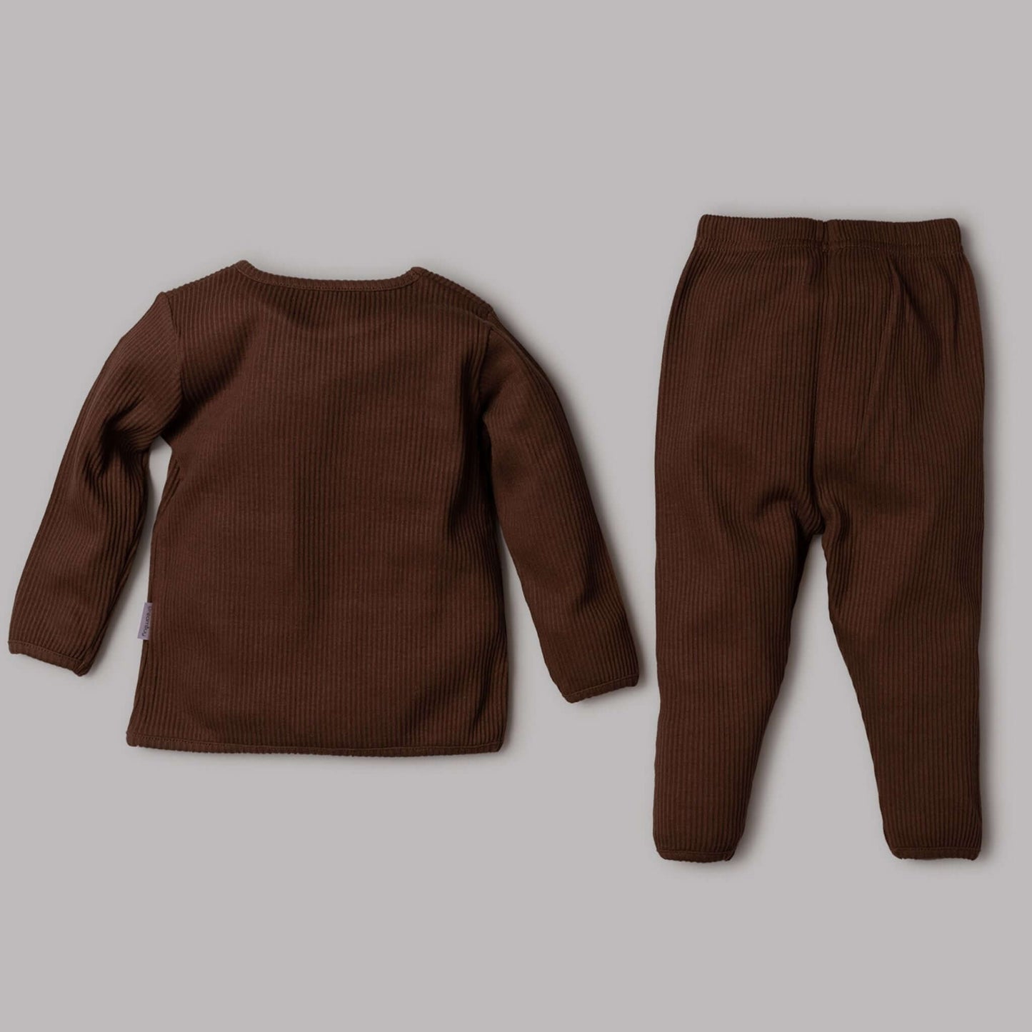 Brown Happy Little Human loungewear set featuring a ribbed long-sleeve top and matching pants, made of 95% cotton and 5% spandex.