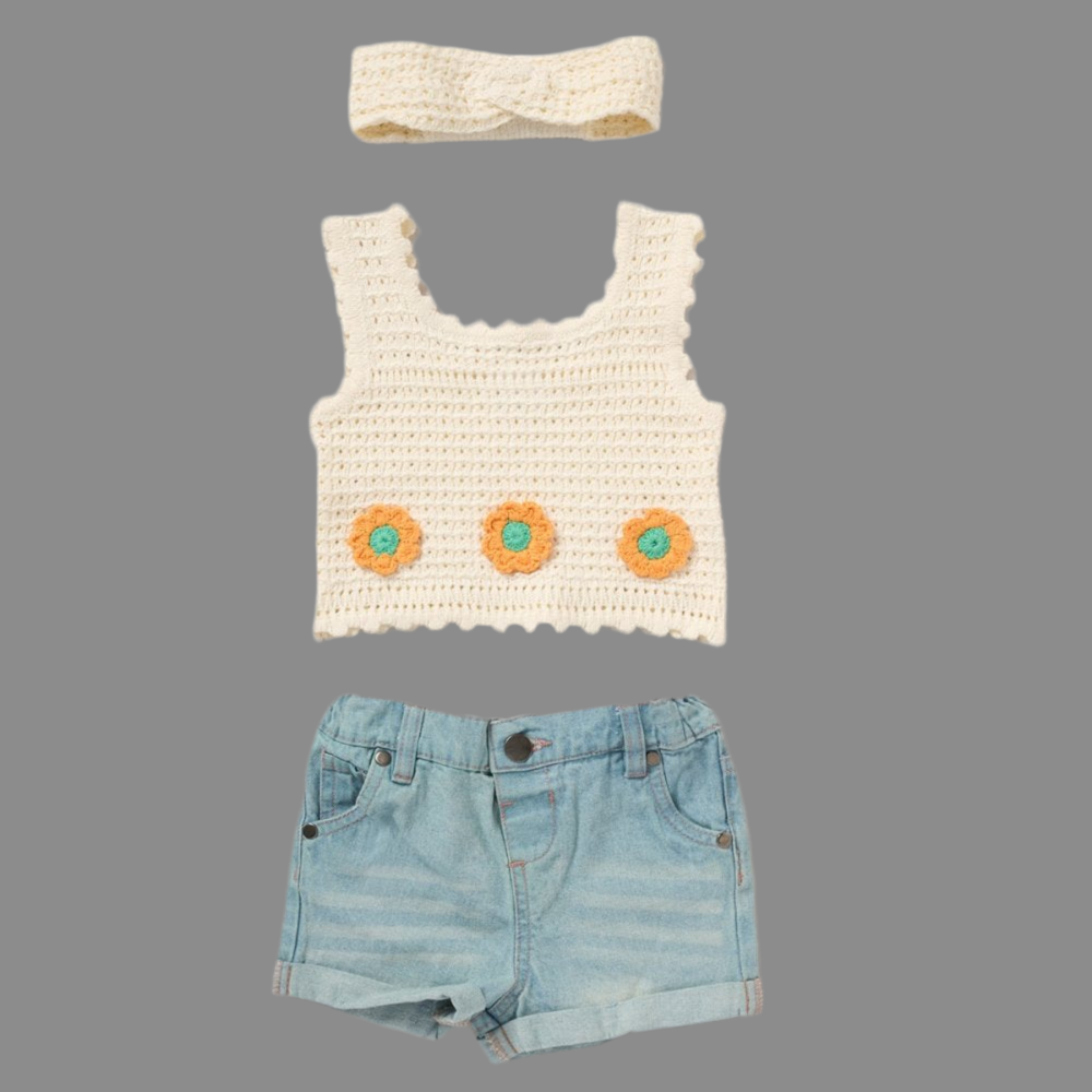 Cream Top, Headband & Denim Shorts - Little Moo Baby