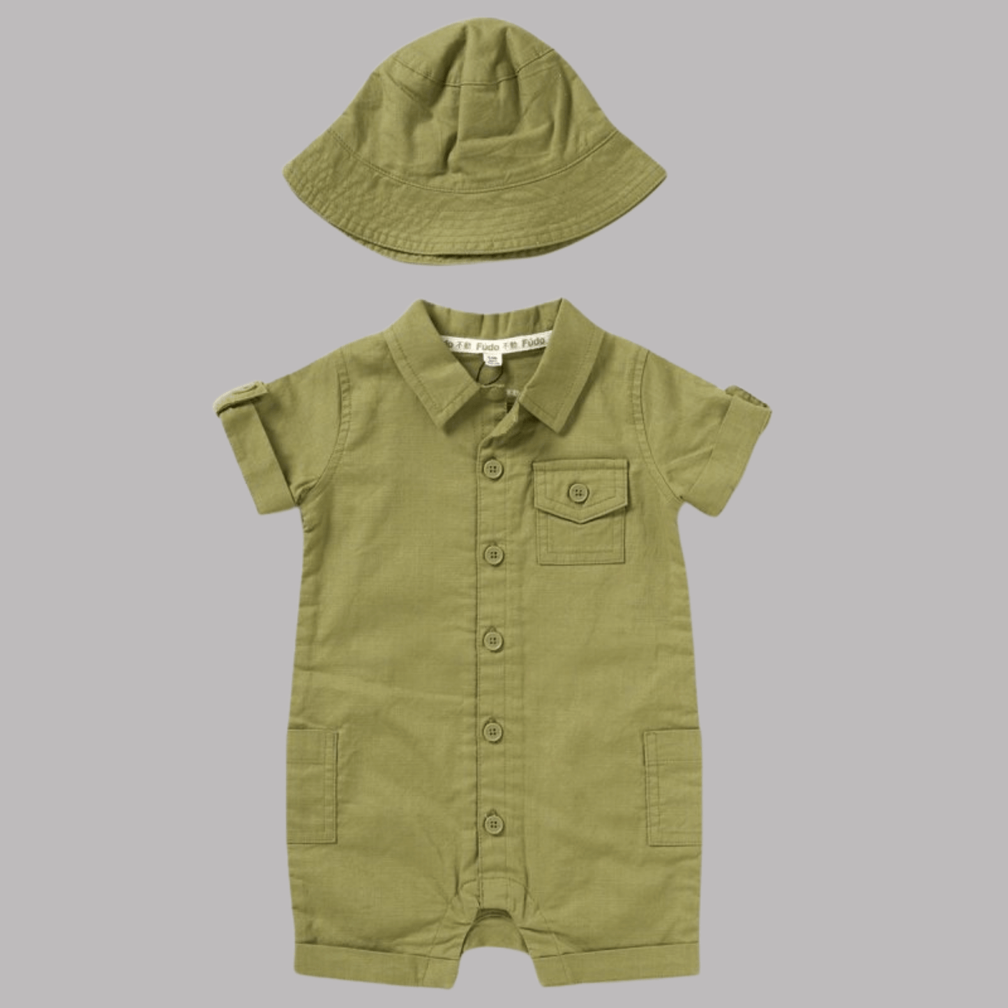 Khaki Woven Romper & Bucket Hat