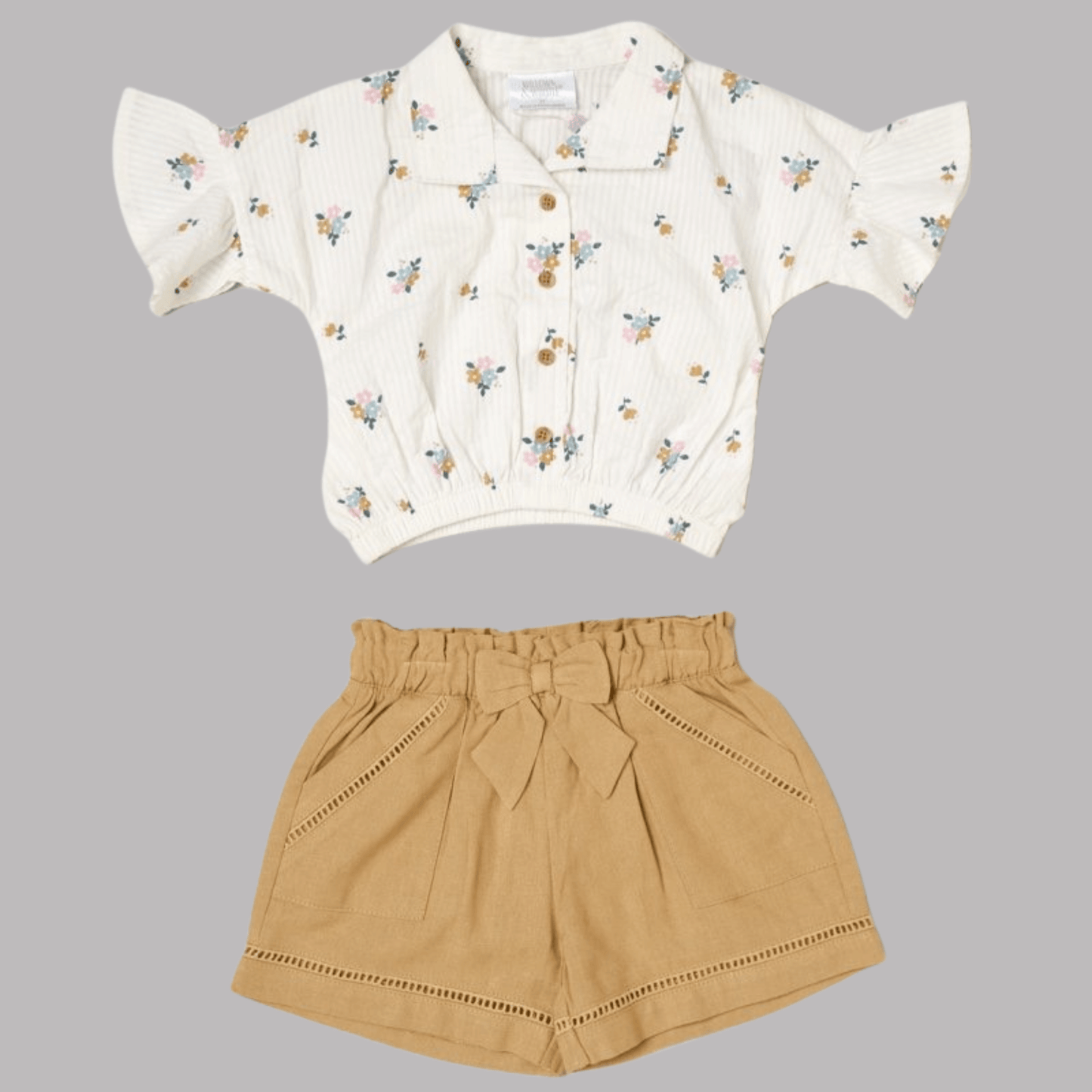 White & Mustard Floral Blouse and Shorts Set