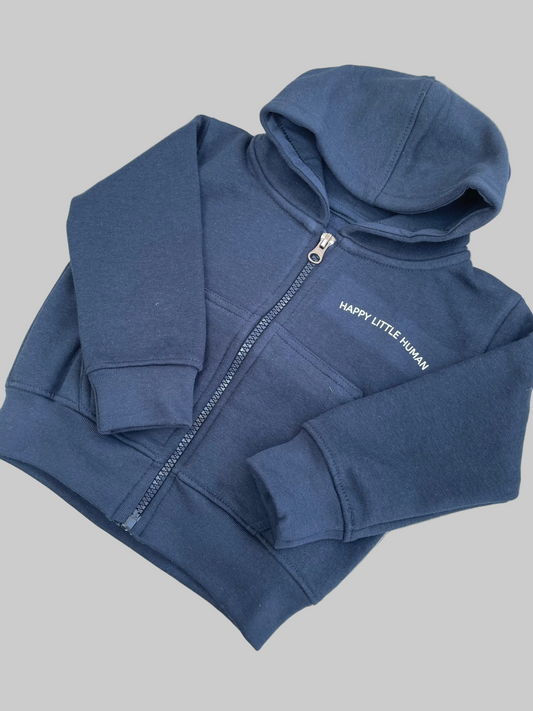 Navy Happy Little Human Zipped Hoodie - Little Moo Baby