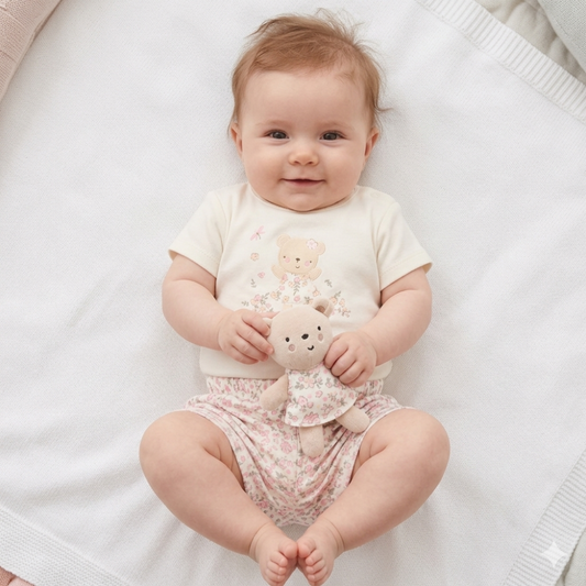 Cream Teddy Floral 2 Piece Set & Toy - Little Moo Baby