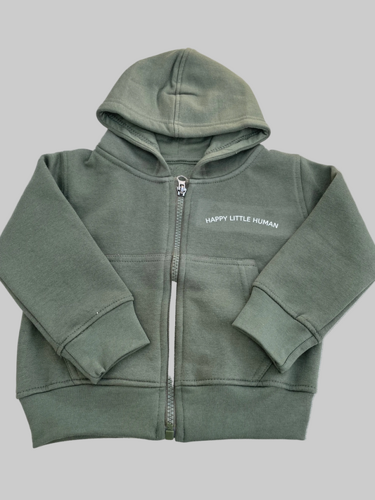 Khaki Happy Little Human Zipped Hoodie - Little Moo Baby