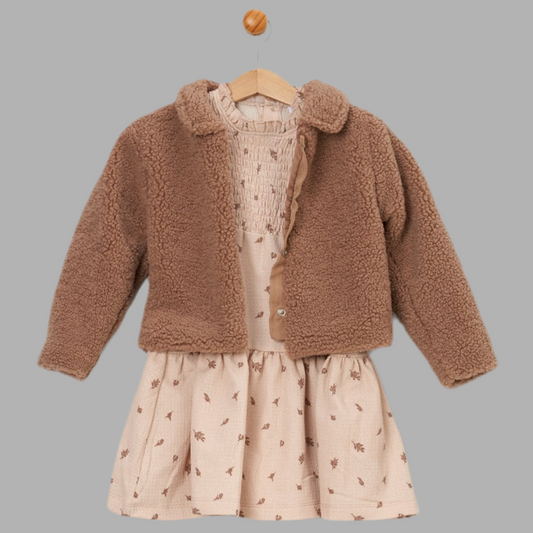 Brown/ Beige Borg Jacket & Dress Set