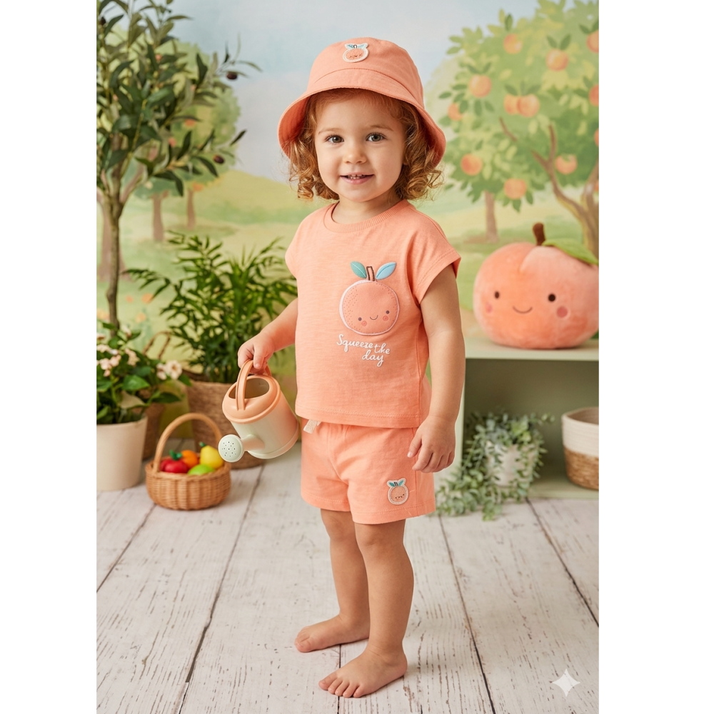 Peach T-Shirt, Shorts & Bucket Hat - Little Moo Baby