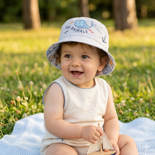 White Sea Life Print Revisable Bucket Hat - Little Moo Baby