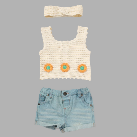 Cream Top, Headband & Denim Shorts - Little Moo Baby