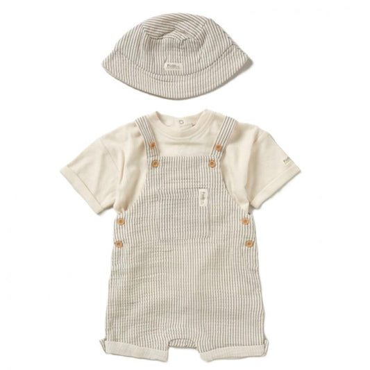 Stripe Baby Dungarees T-Shirt & Bucket Hat Set