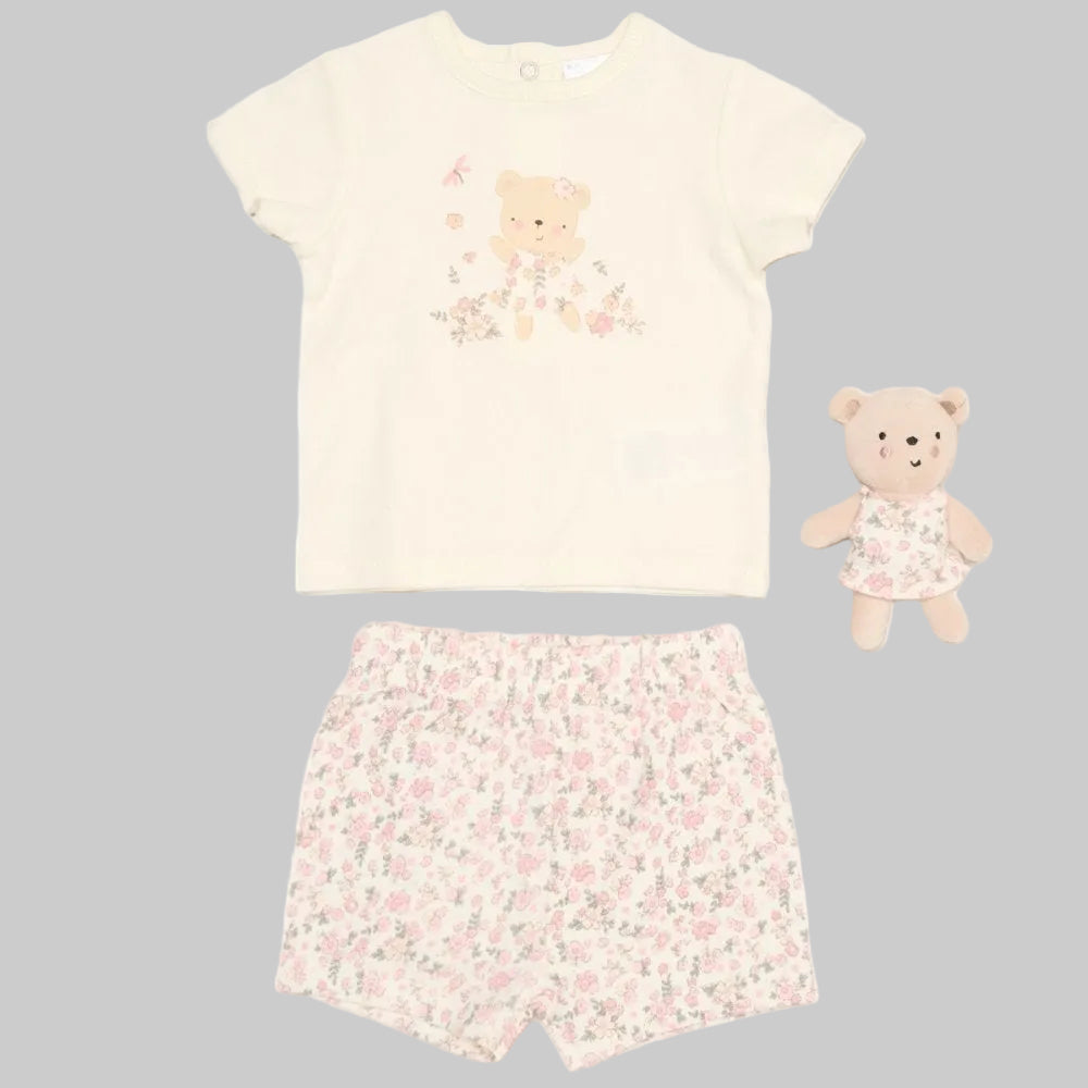 Cream Teddy Floral 2 Piece Set & Toy - Little Moo Baby