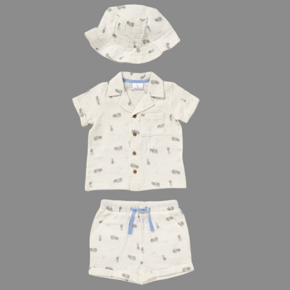 Cream Muslin Shirt Shorts & Hat Set