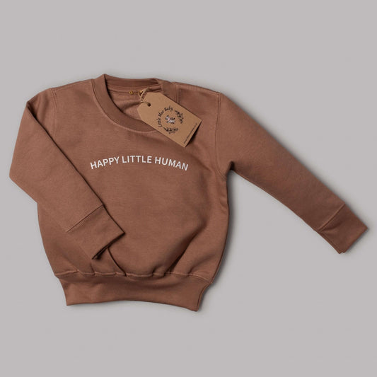 Brown happy little human jumper made of 60% cotton and 40% polyester, perfect for kids' casual wear.