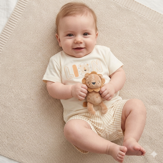 Cream Lion T-Shirt Shorts & Toy Set - Little Moo Baby