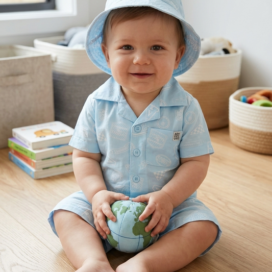 Blue Shirt, Shorts & Bucket Hat Set - Little Moo Baby