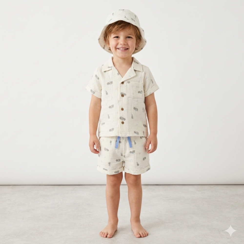 Cream Shirt Shorts & Hat Set - Little Moo Baby