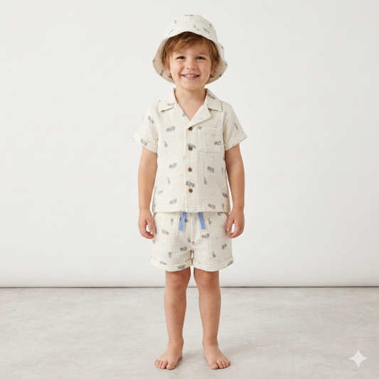 Cream Shirt Shorts & Hat Set - Little Moo Baby