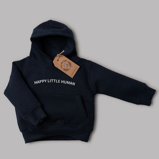  Hoodie “Happy Little Human” Navy - Little Moo Baby