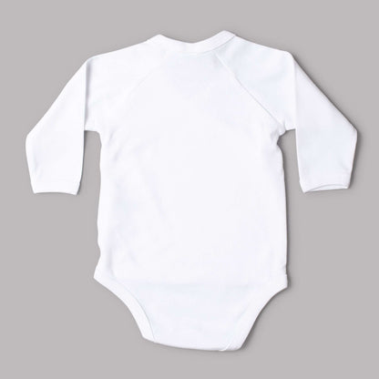 Back view of a White Wrap Over Little Darling Bodysuit for babies, featuring long sleeves and a soft cotton fabric.