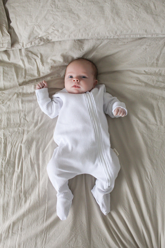 White Ribbed Zipped Romper - Little Moo Baby
